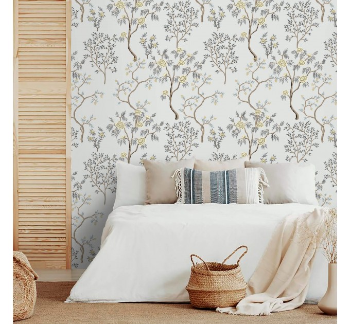 Vintage style Chinoiserie wallpaper blooming trees