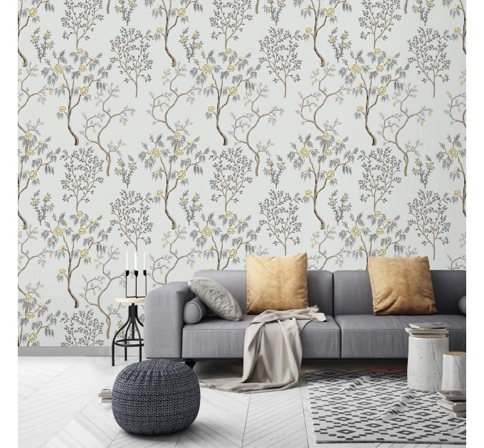 Vintage style Chinoiserie wallpaper blooming trees