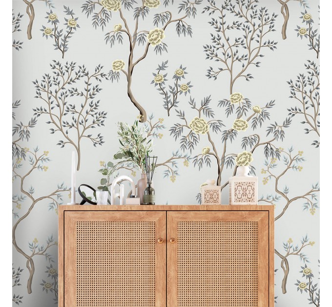 Vintage style Chinoiserie wallpaper blooming trees