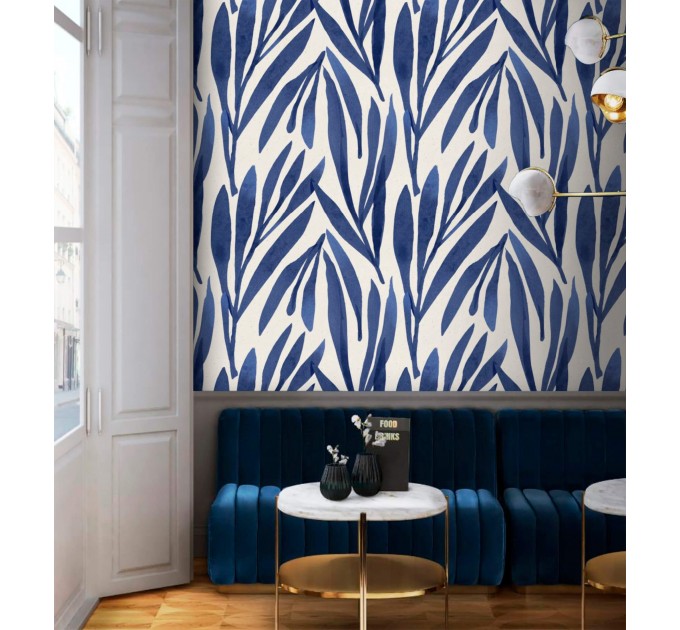 Abstract leaves wallpaper, blue watercolor foliage