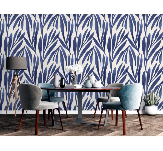 Abstract leaves wallpaper, blue watercolor foliage