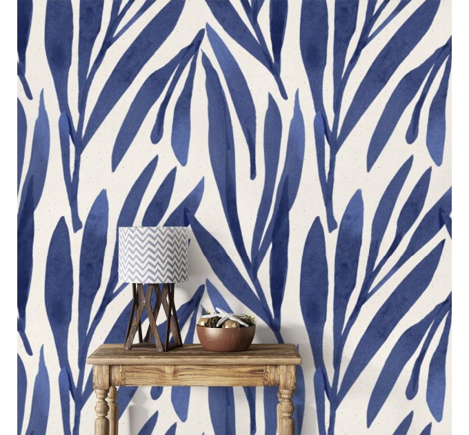 Abstract leaves wallpaper, blue watercolor foliage