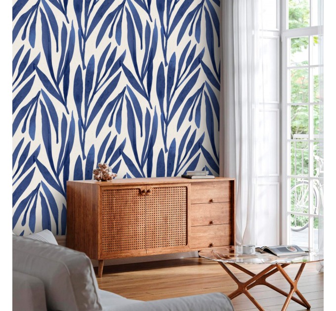Abstract leaves wallpaper, blue watercolor foliage