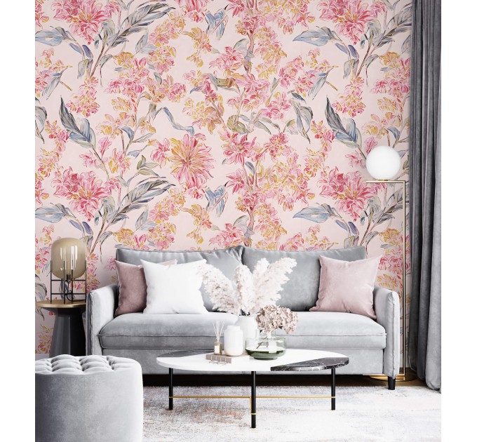 Pastel pink floral wallpaper, large soft flowers