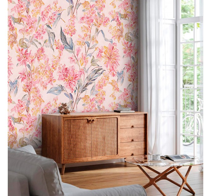 Pastel pink floral wallpaper, large soft flowers