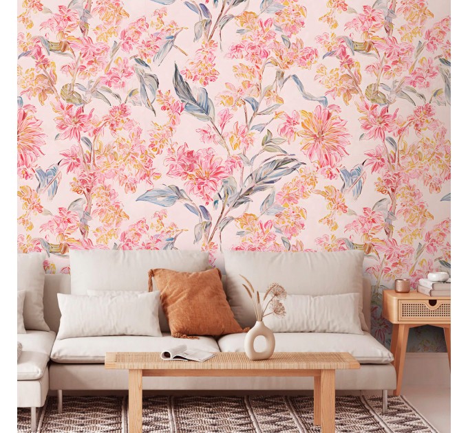 Pastel pink floral wallpaper, large soft flowers