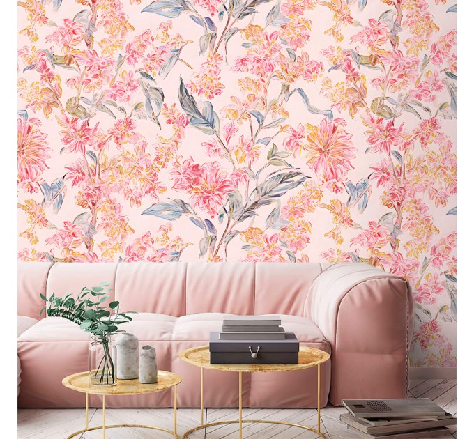 Pastel pink floral wallpaper, large soft flowers