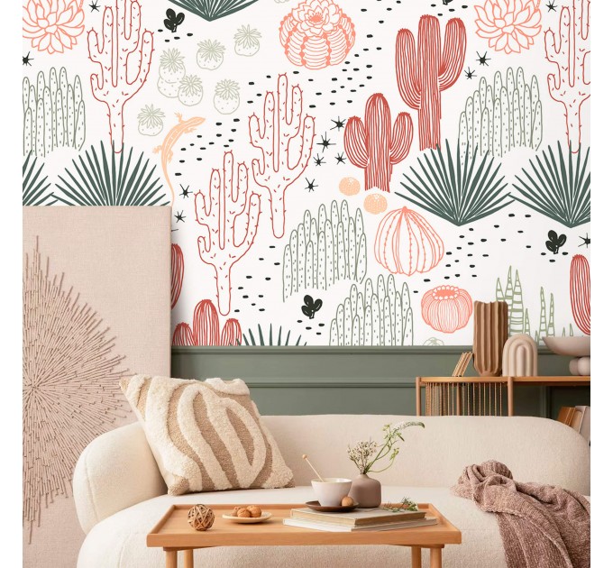 Boho cactus wallpaper Desert plants accent wall