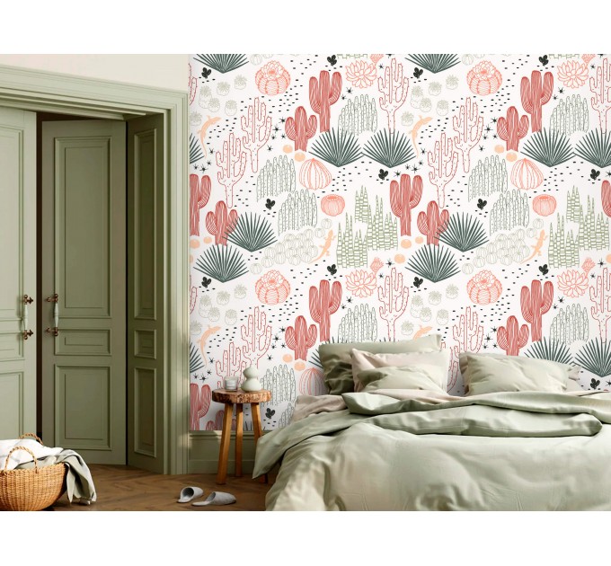 Boho cactus wallpaper Desert plants accent wall
