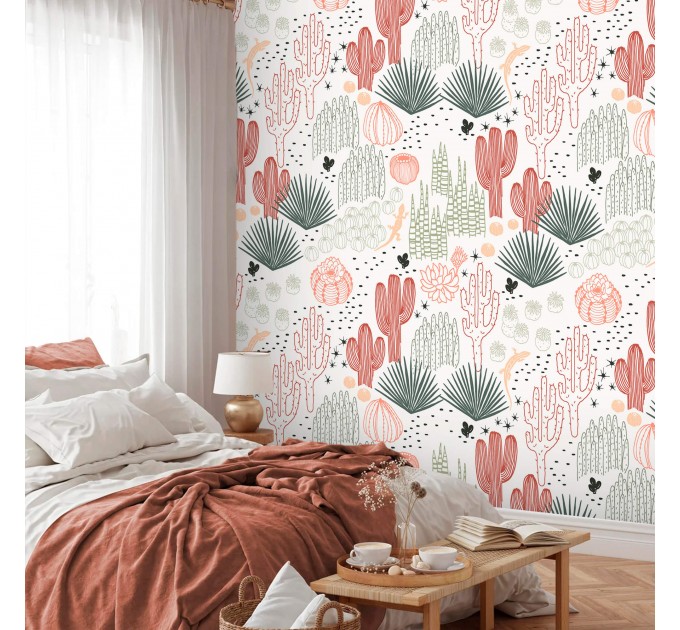 Boho cactus wallpaper Desert plants accent wall