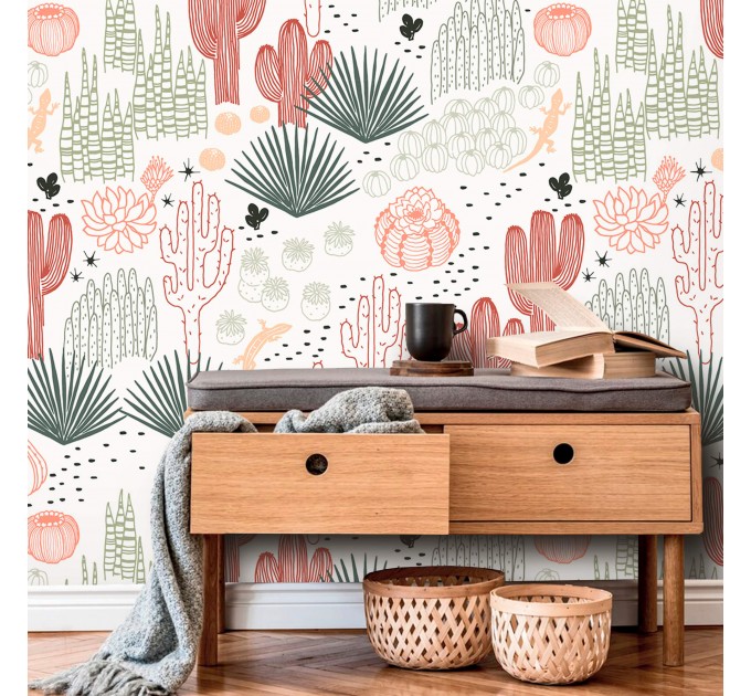 Boho cactus wallpaper Desert plants accent wall