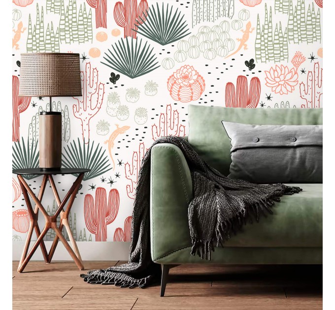 Boho cactus wallpaper Desert plants accent wall