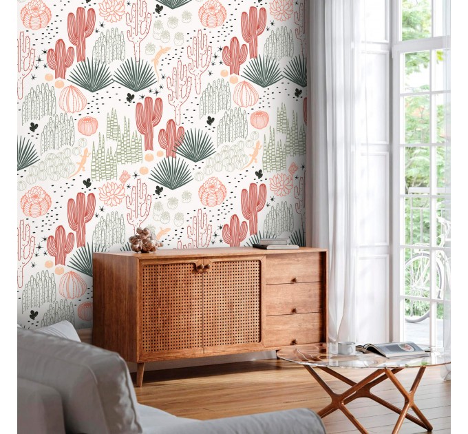Boho cactus wallpaper Desert plants accent wall