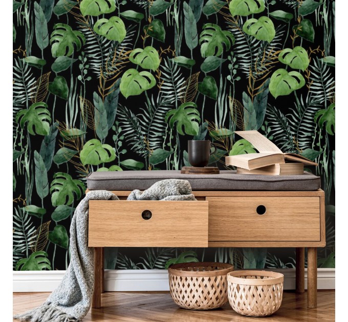 Botanical wallpaper dark green tropical leaves