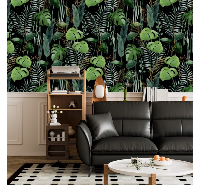 Botanical wallpaper dark green tropical leaves