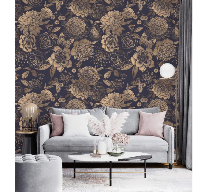 Dark floral wallpaper gold non metallic large flowers