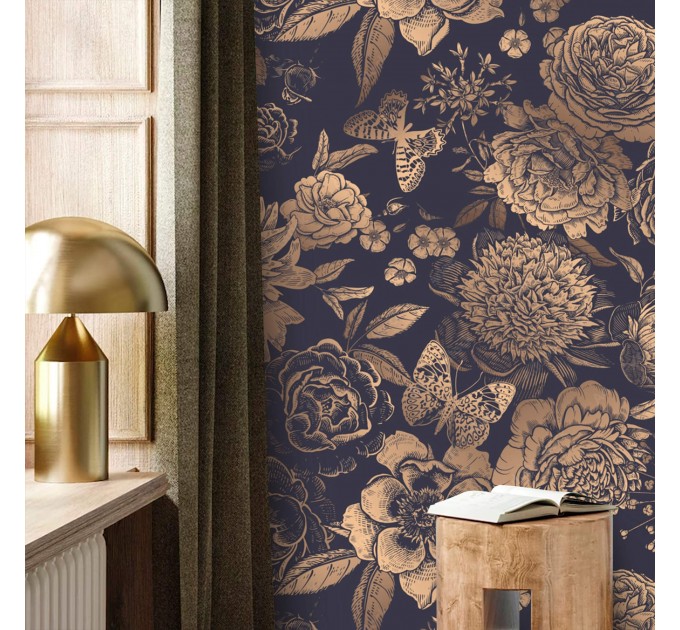 Dark floral wallpaper gold non metallic large flowers