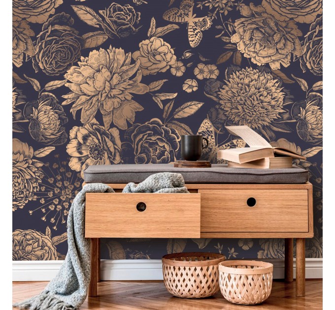 Dark floral wallpaper gold non metallic large flowers