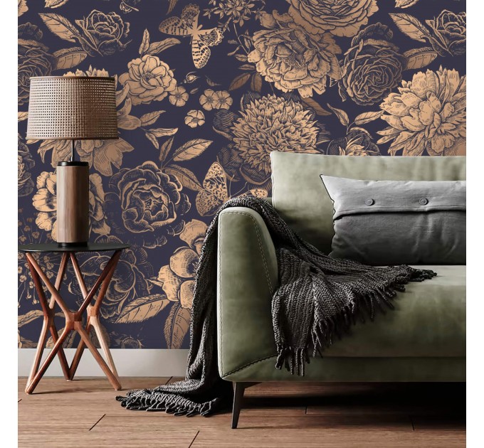 Dark floral wallpaper gold non metallic large flowers