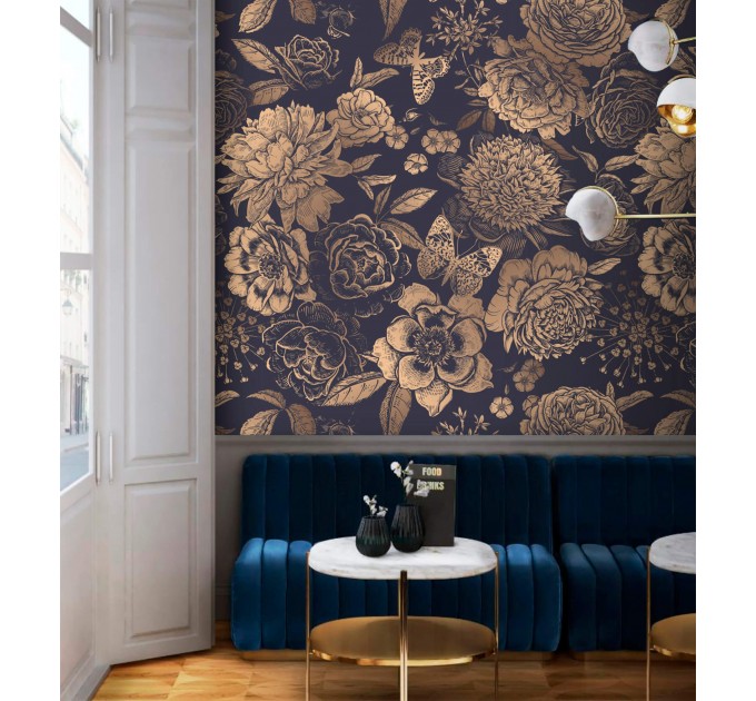 Dark floral wallpaper gold non metallic large flowers