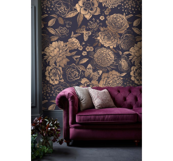 Dark floral wallpaper gold non metallic large flowers