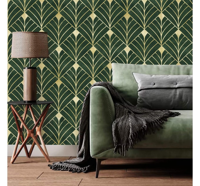 Art deco wallpaper dark green gold non metallic