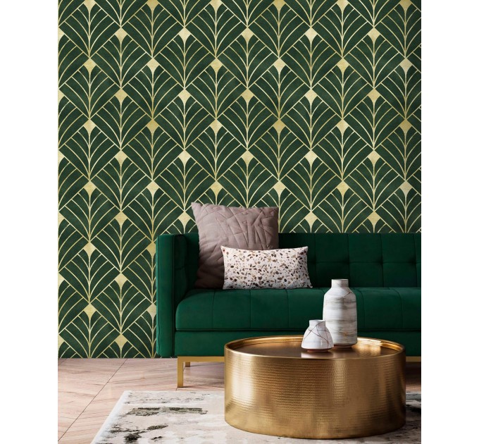 Art deco wallpaper dark green gold non metallic