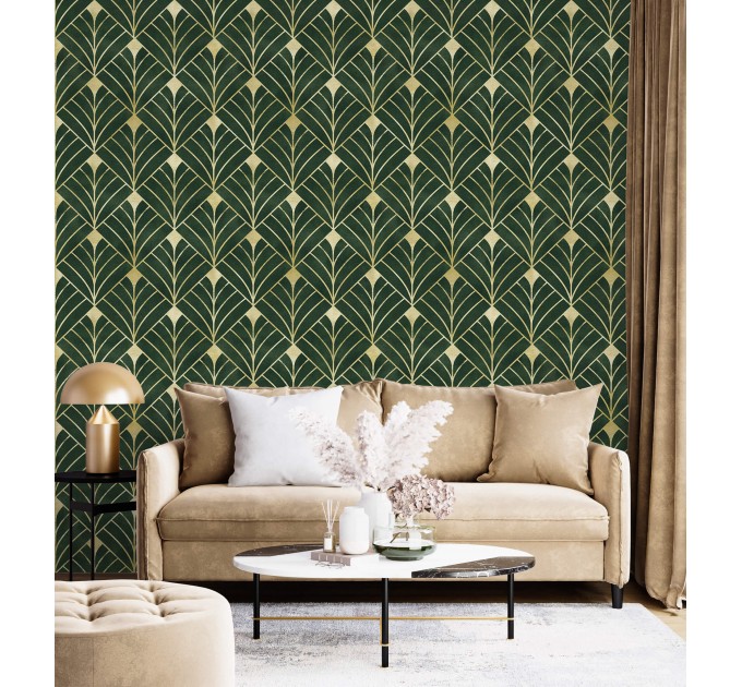 Art deco wallpaper dark green gold non metallic