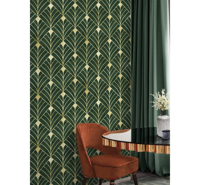 Art deco wallpaper dark green gold non metallic