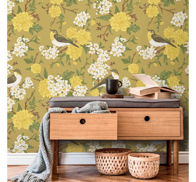 Floral wallpaper with birds on yellow