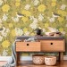 Floral wallpaper with birds on yellow