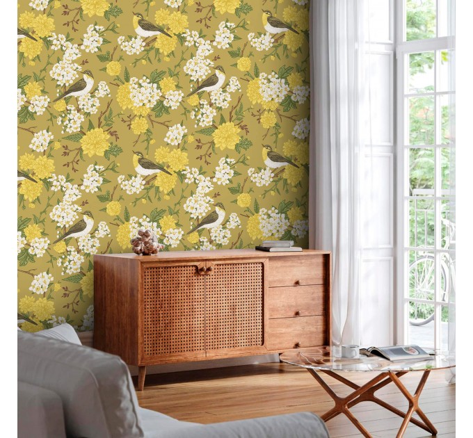 Floral wallpaper with birds on yellow