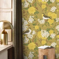Floral wallpaper with birds on yellow