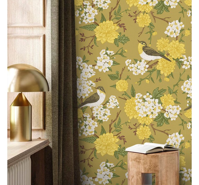 Floral wallpaper with birds on yellow