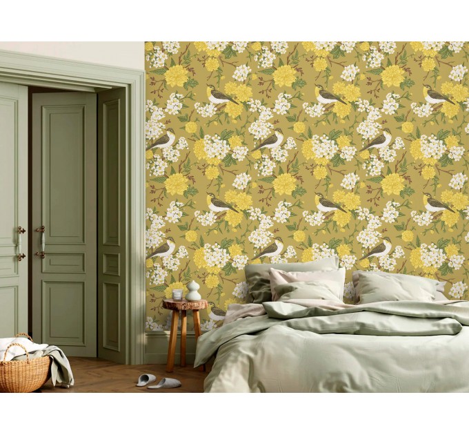 Floral wallpaper with birds on yellow