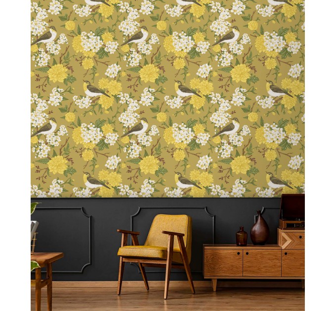 Floral wallpaper with birds on yellow