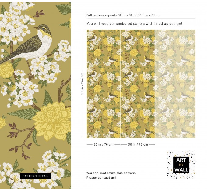 Floral wallpaper with birds on yellow