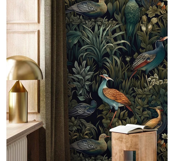 Dark botanical wallpaper birds