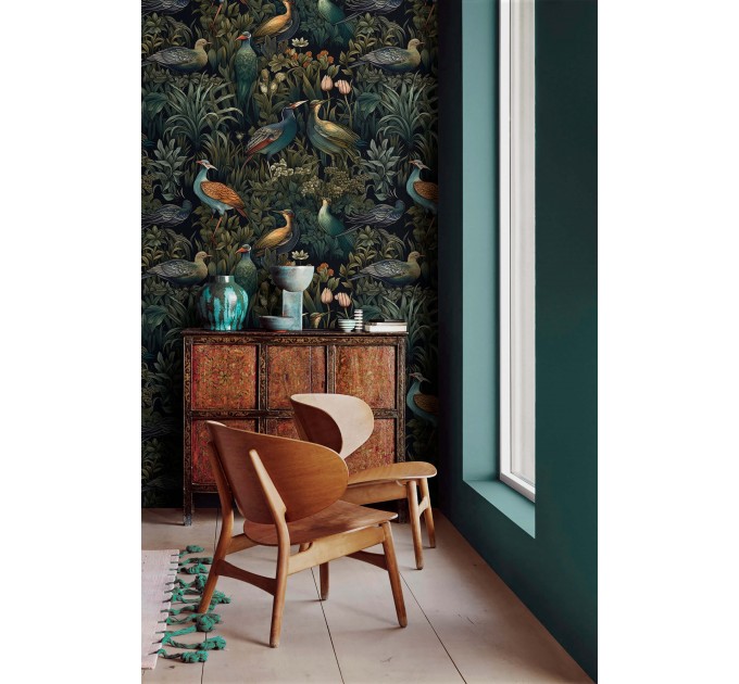 Dark botanical wallpaper birds