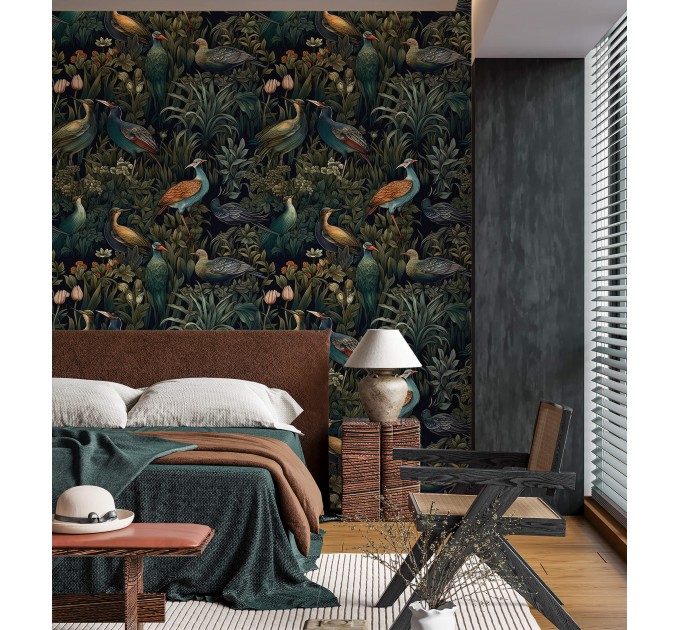 Dark botanical wallpaper birds