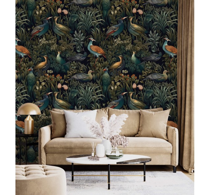 Dark botanical wallpaper birds