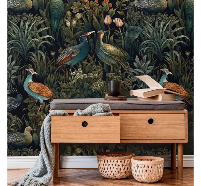 Dark botanical wallpaper birds