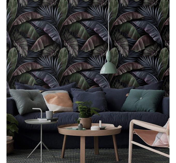 Dark tropical wallpaper, large palm and banana leaves