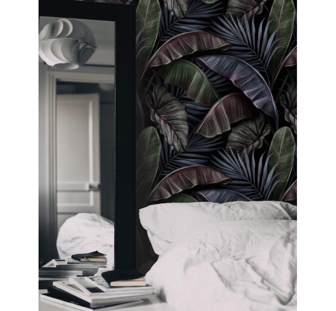 Dark tropical wallpaper, large palm and banana leaves