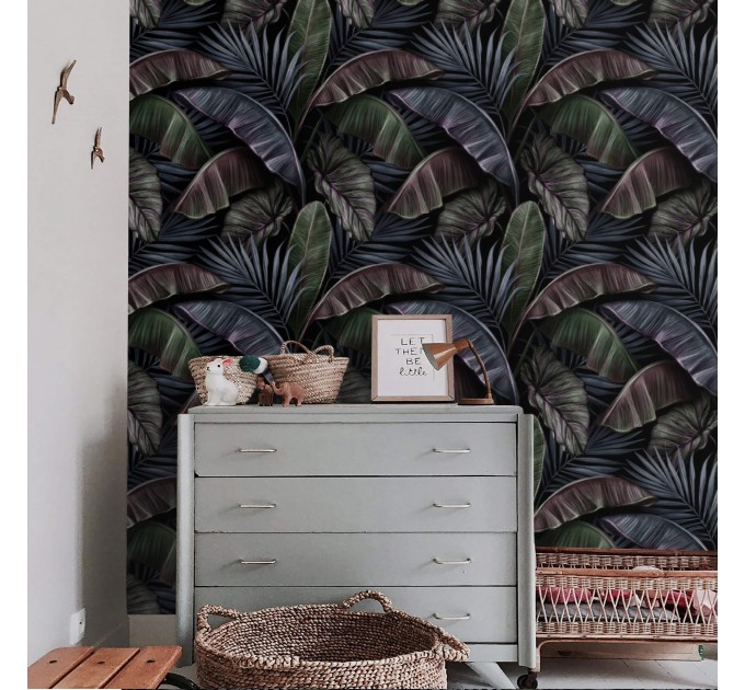 Dark tropical wallpaper, large palm and banana leaves