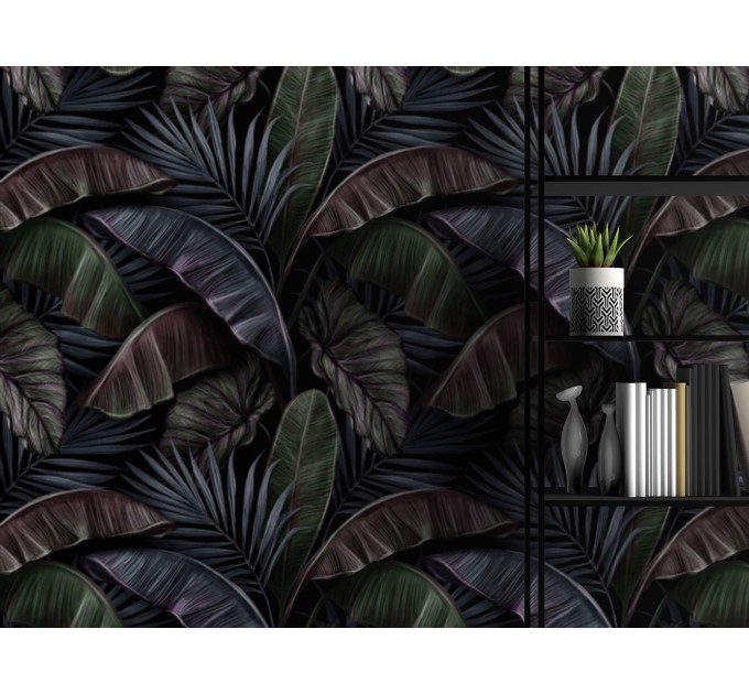 Dark tropical wallpaper, large palm and banana leaves