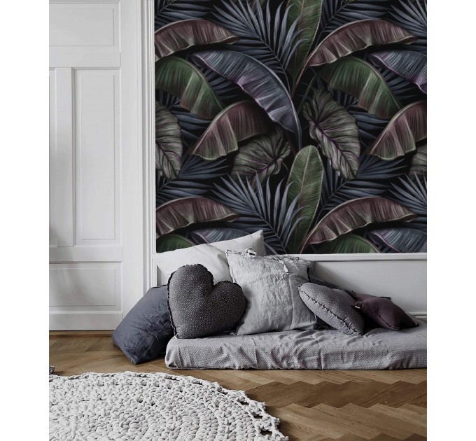 Dark tropical wallpaper, large palm and banana leaves