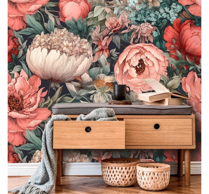 Floral wallpaper Large pastel peony flowers