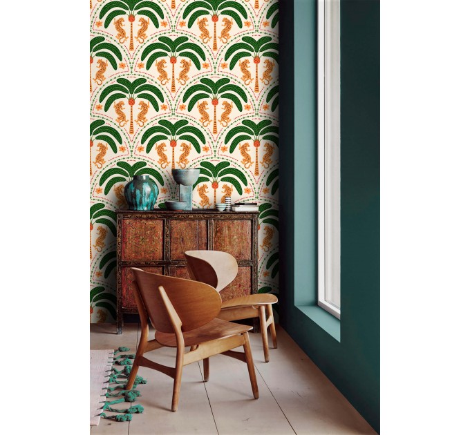 Tropical wallpaper palms and jaguars Vibrant accent wall