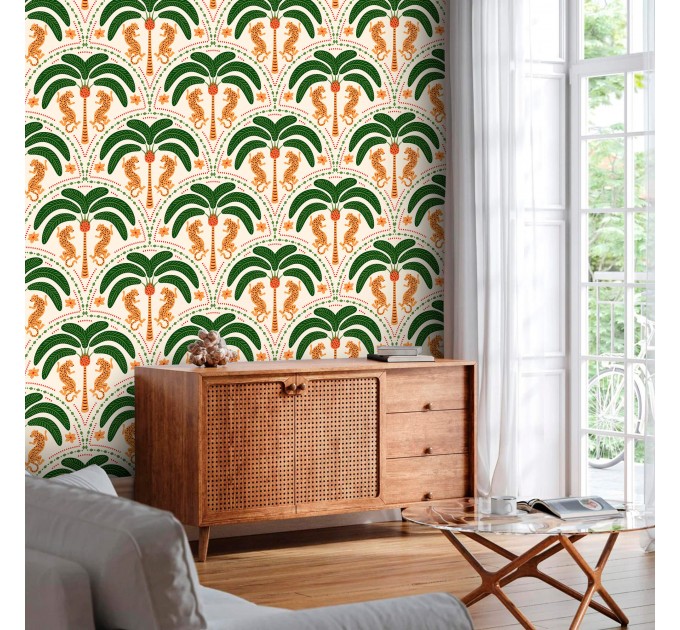 Tropical wallpaper palms and jaguars Vibrant accent wall